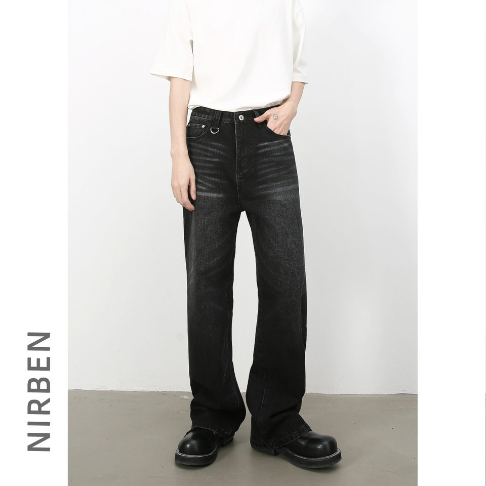 Quần jean nam ống rộng ống đứng phong cách Hàn, cạp vừa, denim cotton thoáng mát — Màu xanh lam, Đen xám