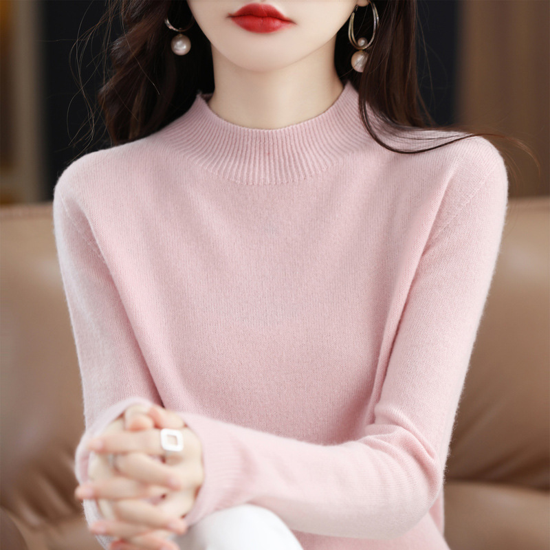 Ropa de primera línea medio cuello alto 100 suéter de lana pura suéter de color sólido de las mujeres camisa de fondo de punto del todo fósforo