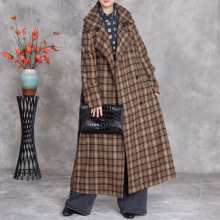 大牌女装轻奢复古格子羊毛呢大衣长款翻领双排扣气质显瘦秋冬风衣
