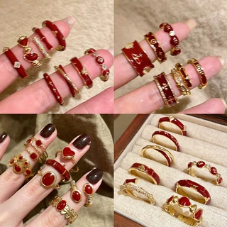 新年红色滴油锆石开口戒指女小众简约百搭指环时尚轻奢高级感手饰