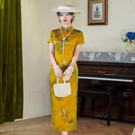 2025春夏新品改良黄色走秀中式旗袍丝绸长款双层时尚礼服文艺复古