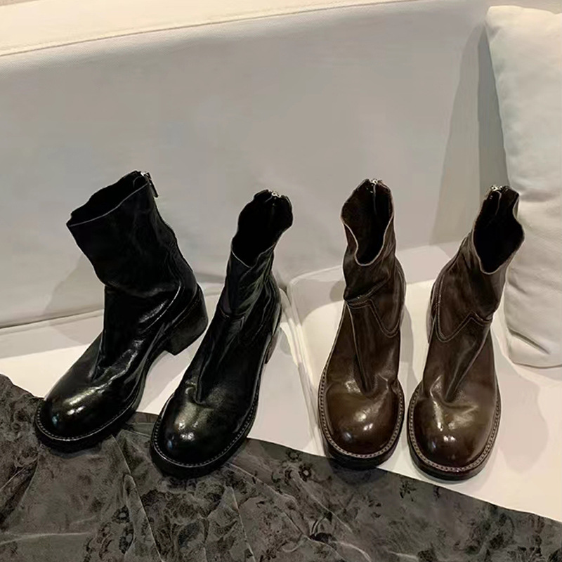 Botas estilo Martin para otoño e invierno, tacón grueso retro, cremallera trasera, 6 cm, botines cortos de piel de caballo texturizada lavada para mujer.