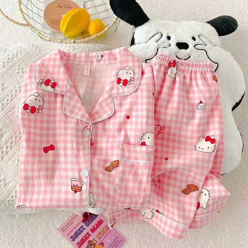 Comercio exterior de Vietnam verano nuevo estilo nube rebeca de algodón solapa dulce pijama de dibujos animados pantalones cortos de manga corta traje de servicio a domicilio para mujer