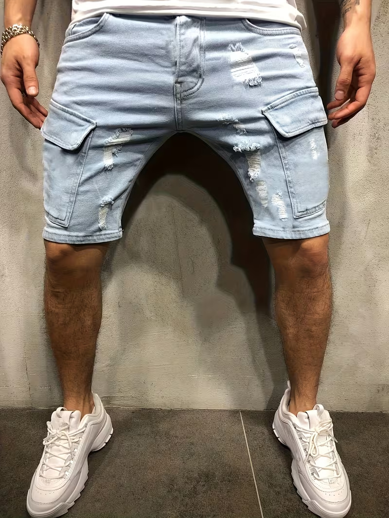 Men's Ripped Denim Shorts, Summer Stretch Cotton Cargo Shorts With Side Pockets, Slim Fit Casual Streetwear Style_viptrois.com