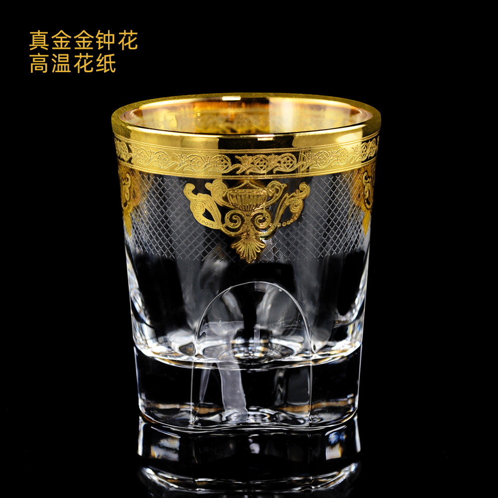 外贸欧式风格金钟杯浮雕花纸酒具套装 水晶玻璃出口酒具礼盒套装