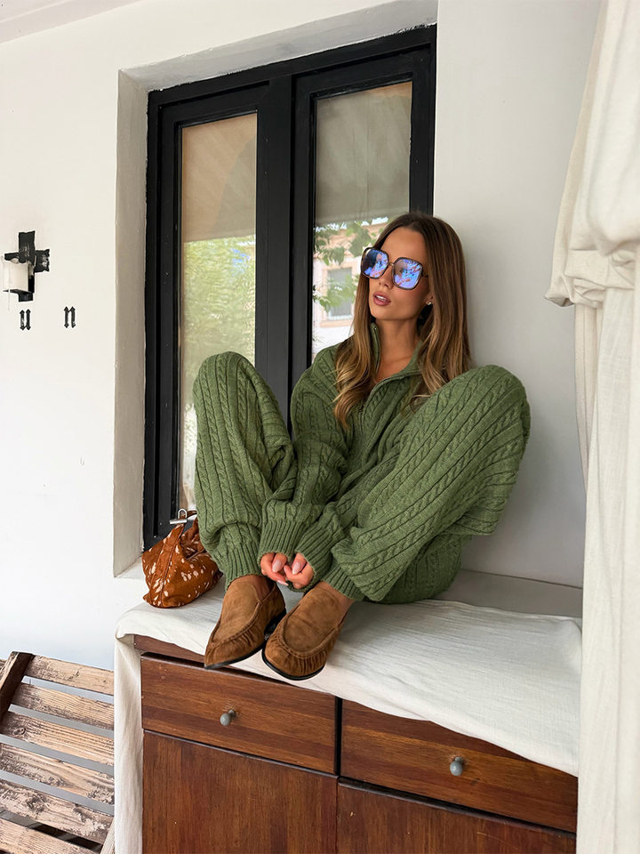 Bộ hai món nữ áo len cardigan cổ bẻ khóa kéo phối quần dài ống đứng, form rộng — Bộ hai mảnh áo len màu hồng, Bộ hai mảnh áo len màu sô cô la, Bộ hai mảnh áo len màu xanh ô liu, Bộ hai mảnh áo len màu xám chi tiết 21