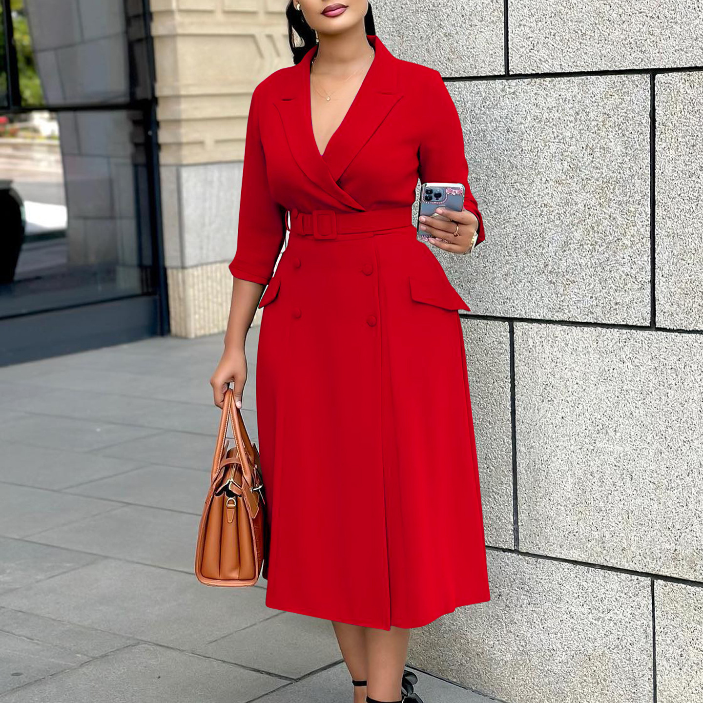 Women's Double Breasted Midi Dress With Suit Collar Elegant_voghion.com