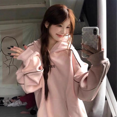 学院风粉色连帽加绒卫衣女秋冬美式oversize慵懒宽松加厚外套上衣