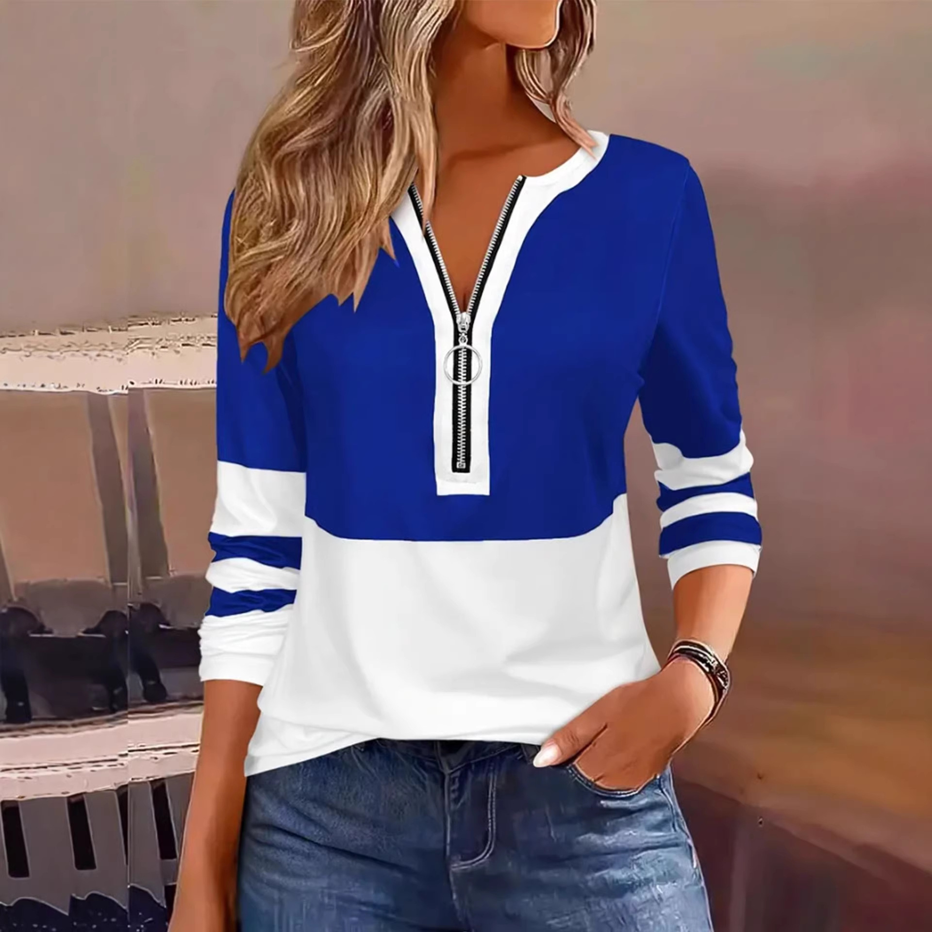 25秋欧美外贸速卖通亚马逊货源拉链休闲女装长袖T恤