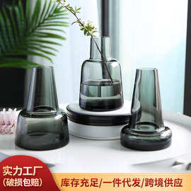 简约ins风酒店装饰玻璃花瓶办公室桌面摆件水培花器纯手工青花瓶