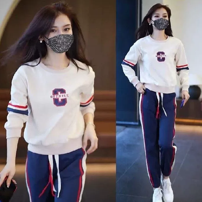 Трансграничный продвинутый ленивый стиль повседневная сшивание костюм спортивная одежда женская мода круглый воротник минус возраст свободный набор из двух частей