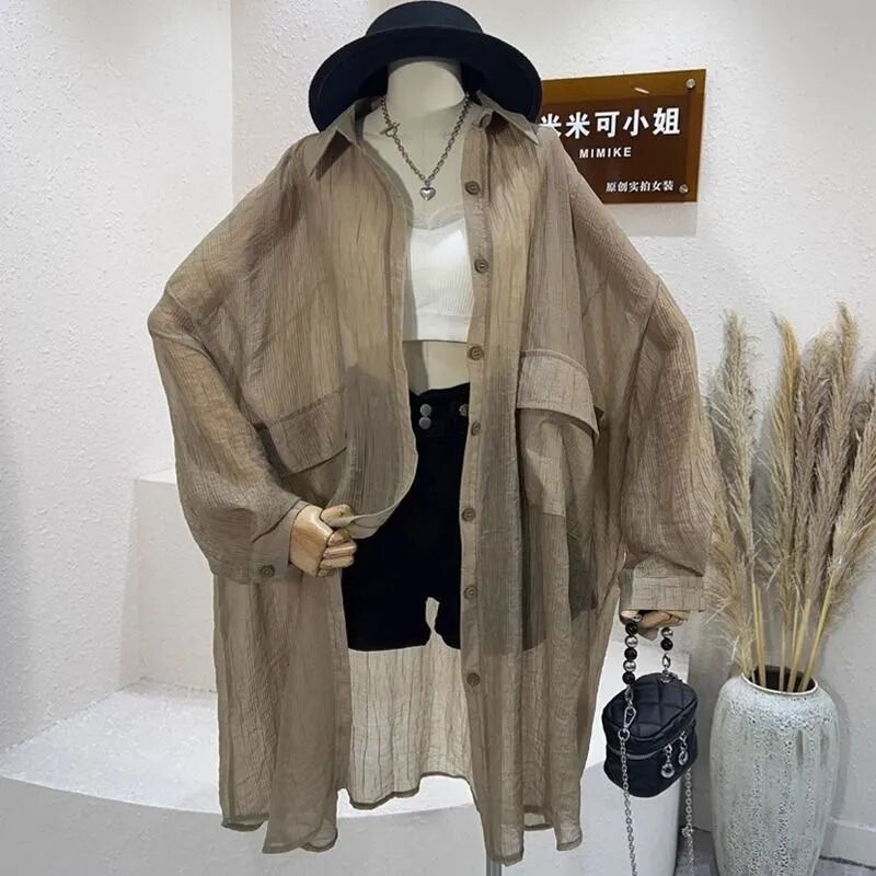 Plus-size summer thin long-sleeve shirt for women, loose BF style, casual single-breasted sun-protective cardigan top