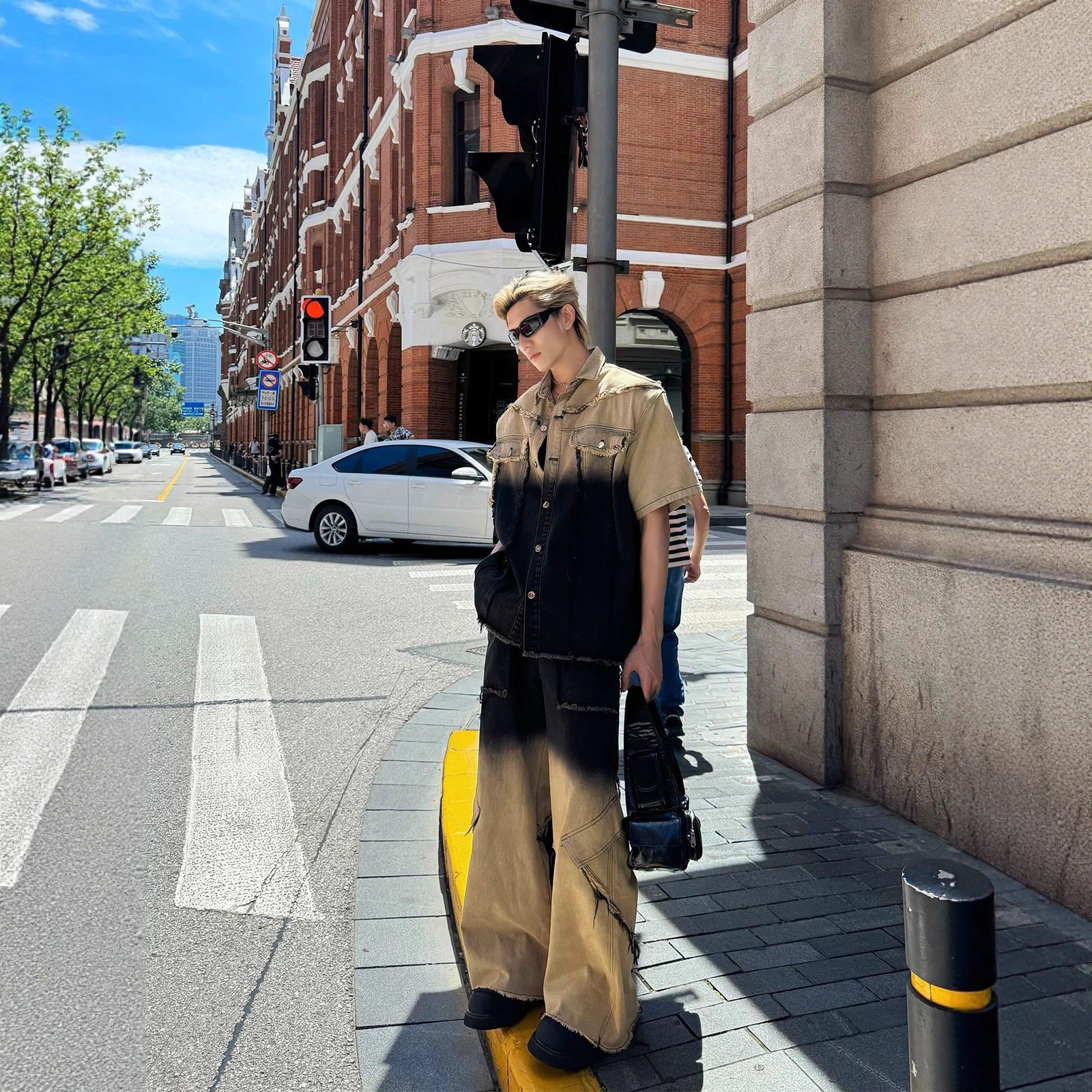 痞帅高级感男装酷搭配一整套夏装牛仔短袖外套阔腿裤套装男模穿搭