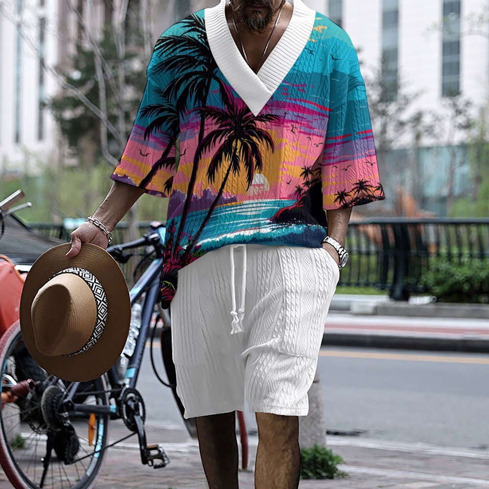 New Amazon Trendy Tech Plaid Print Oversized Drop Shoulder Men's Short-Sleeve Shorts Sports Suit