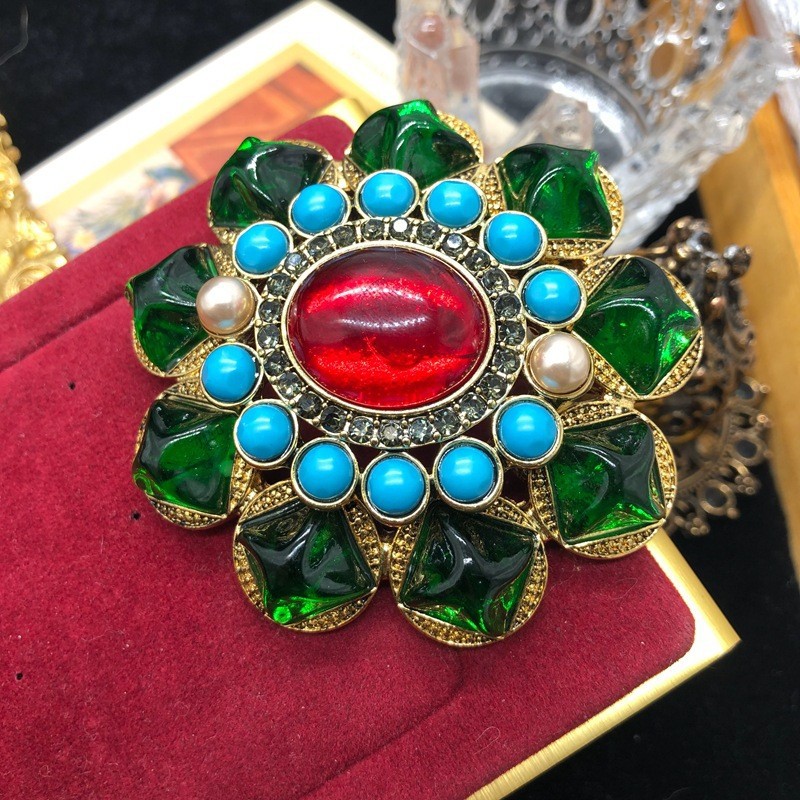 Fresh Vintage Design Heavy Industry Green Blue Flower Corsage Turquoise Green China Ruby Brooch Coat Pin