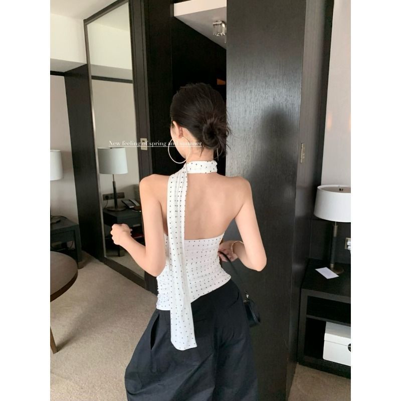 夏季斜肩网纱波点吊带背心女泰式辣妹挂脖抹胸上衣带胸垫裹胸外穿|undefined