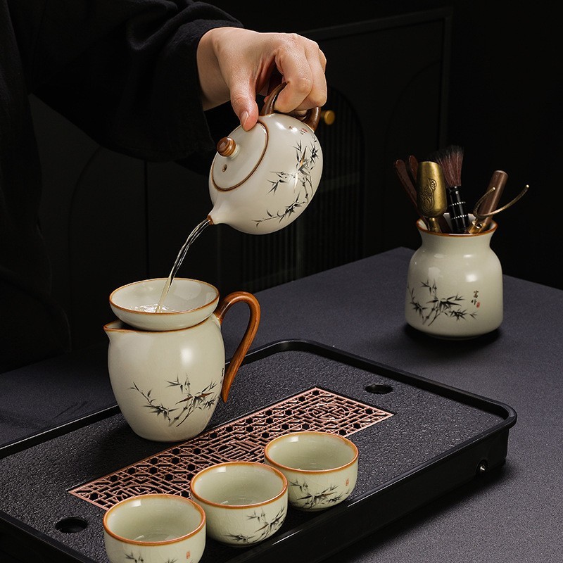 黄汝窑功夫茶具套装家用泡茶壶西施壶提梁壶盖碗茶杯茶道配件套装|undefined
