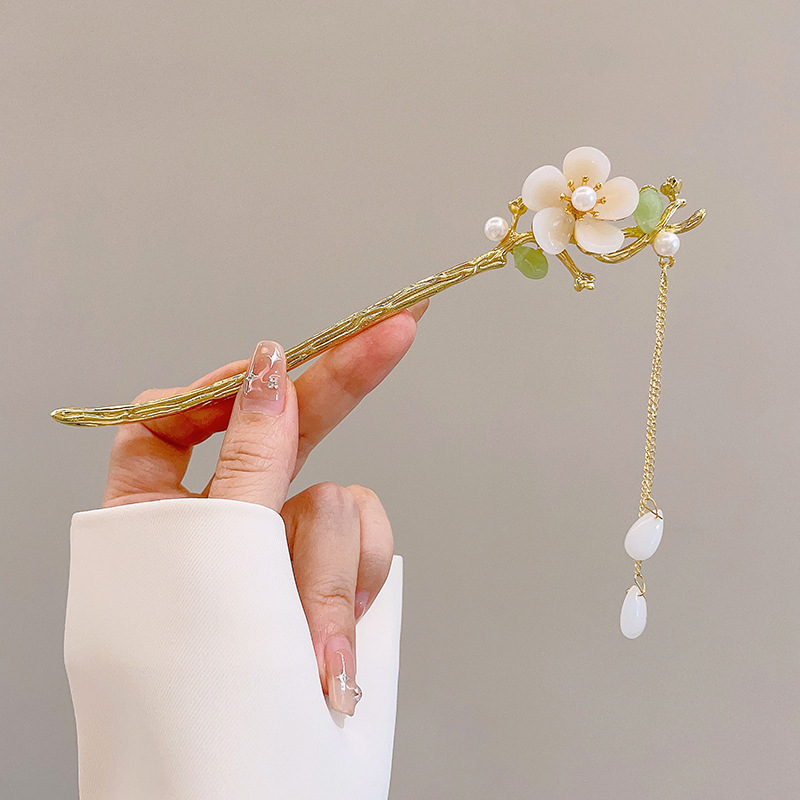 マグノリアの花のヘアピン、古代スタイルのヘアピン、漢服の頭飾り、女性のチャイナドレスのヘアアクセサリー、タッセルパールメタルヘアピン、翡翠のヘアピン|undefined