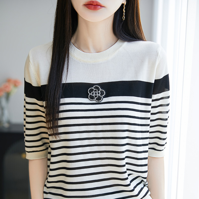 批发天丝莱赛尔圆领针织衫短袖女2025年夏季新款钉珠绣花拼色条纹