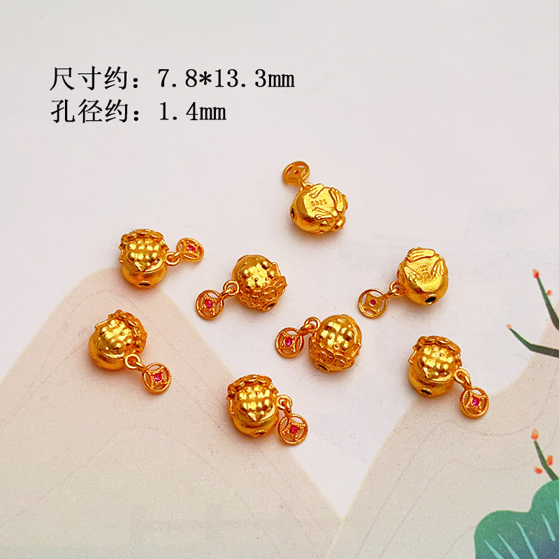 S925 Ancient Gold Sterling Silver Accessories Crystal Bracelet Gourd Spacer Beads Waist Beads Fortune Tassel Pendant Bracelet Pendant
