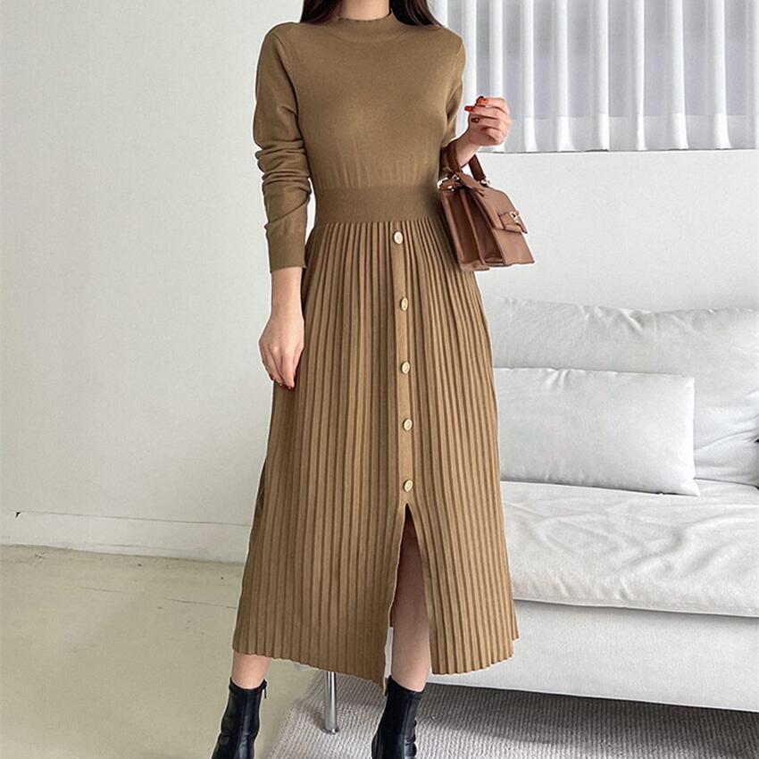 French Style Knitted Midi Dress Elegant Split Design Round Neck Long Sleeve Comfortable Fabric Casual Wear