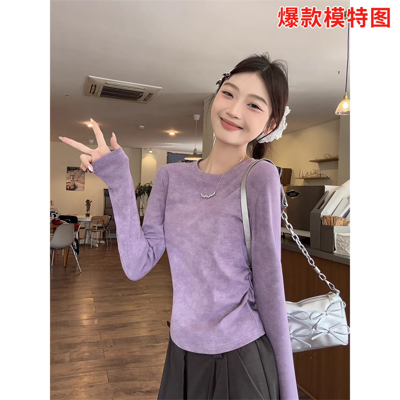 跨境批发220克t恤定制圆领扎染正肩修身抽褶长袖打底女装光板空板|undefined