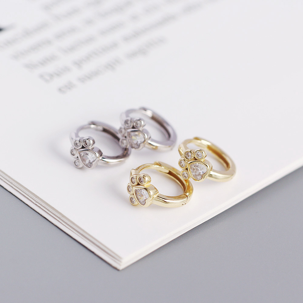 1 Pair Quantity Daily Occasion 1 Pair 925 Sterling Silver Zircon Paw Print Hoop Earrings