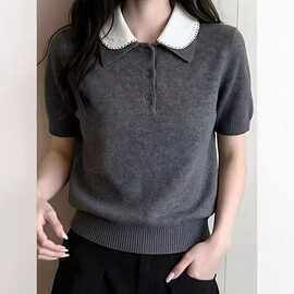 淑女风娃娃领灰色短袖针织衫女2026春季新款设计百搭显瘦通勤上衣