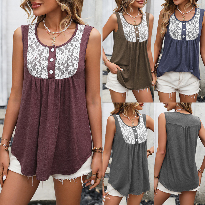 Amazon Cross-border European and American Women's Lace Stitching Doll Collar Loose Comfortable Knitted Vest Top