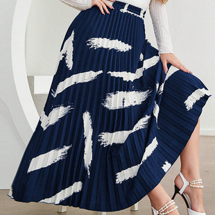 Middle East plus size Women's 2024 Summer New Fashion Irregular Contrast Printed High Waist Pleated Skirt
