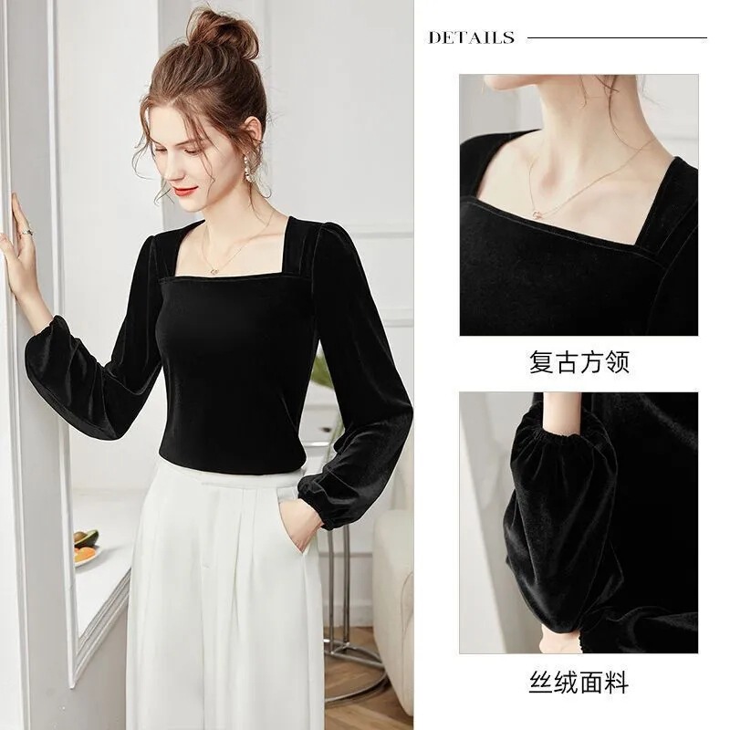 French Hepburn Style Base Shirt 2024 Autumn New Women's Gold Velvet Lady Black Square Collar Pullover Top