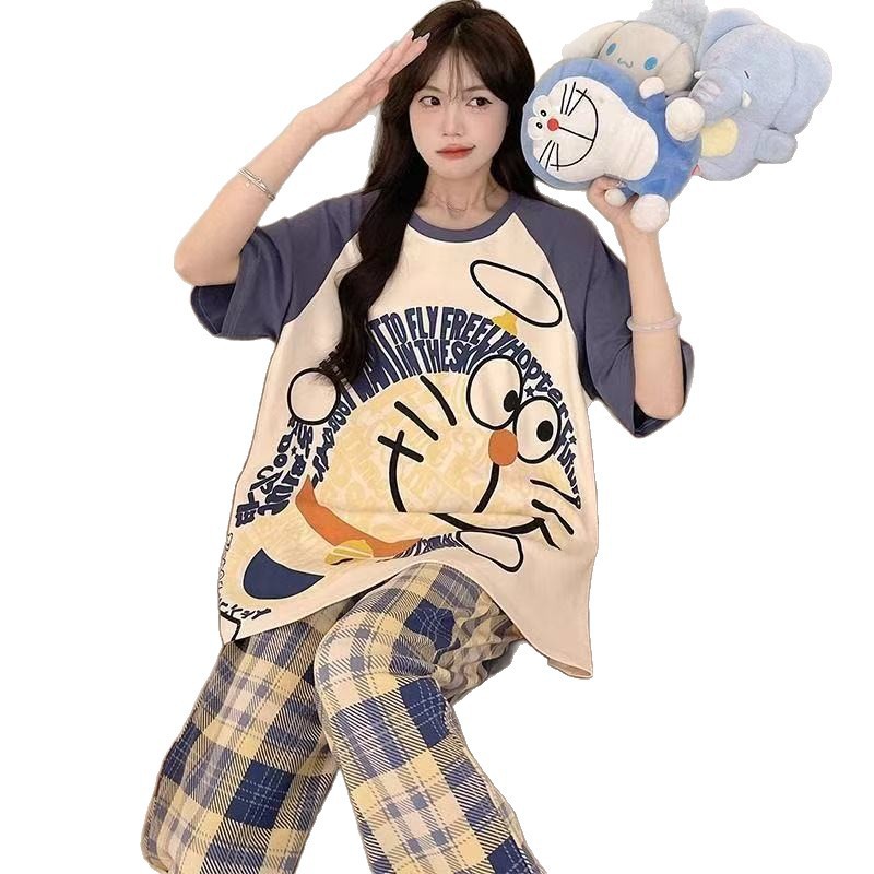 Pijama de mujer Jingdong gato pantalones de manga corta primavera y otoño dibujos animados lindos de tamaño grande para mujeres de verano conjunto de ropa de casa estudiantil