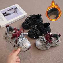 2025冬儿童加绒运动鞋时尚安哥拉红女童厚底老爹鞋保暖男童跑步鞋