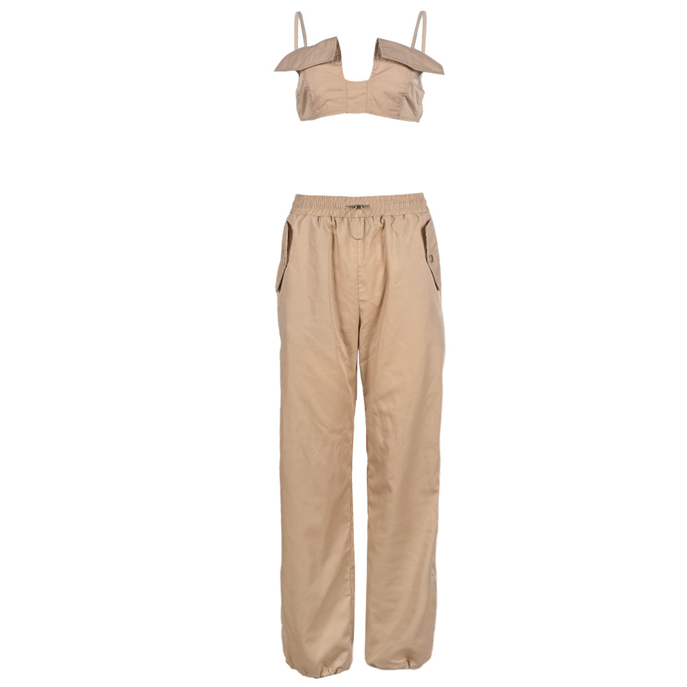 Spaghetti Straps Corset Niche Cropped Outfit Ankle Tied Trousers Drawstring Two Piece Set for Women