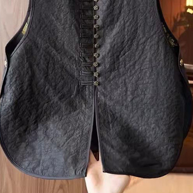 女性用の新しい中国風の黒亀ひび割れベスト、女性用の花ビーズバックルベスト、レトロな中国風、スタイリッシュでトレンディです。|undefined