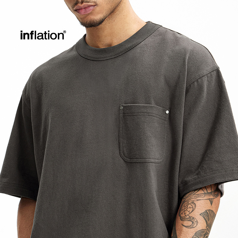Jie Zhan Men's Clothing | Heavyweight Pure Cotton T-Shirt with Rivet Pockets, 2026 Spring/Summer New Trendy Brand Loose Short-Sleeve Solid Color Top.