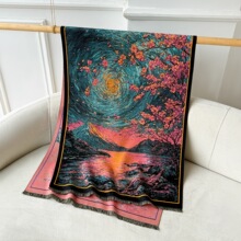 复古油画花卉流苏披肩女秋冬加厚仿羊绒围巾两用外贸法式外搭披风