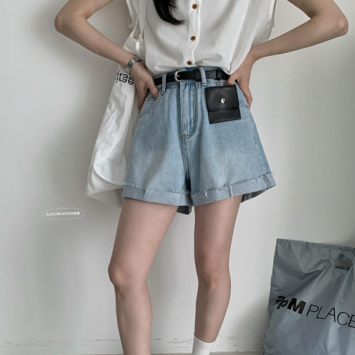 Gran venta no retornable imagine 20025 pantalones cortos de mezclilla versátiles lavados sueltos de estilo retro de verano con cinturón 33152
