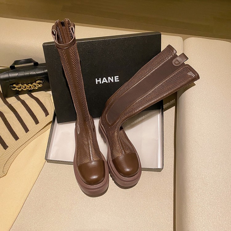 Boot lưới nữ da bò cổ cao thoáng khí mùa hè, đế dày, ống rộng cho chân to — Màu nâu ống lớn, Màu đen cổ ống lớn, Ống nhỏ màu đen, Chu vi ống lớn màu trắng be chi tiết 16