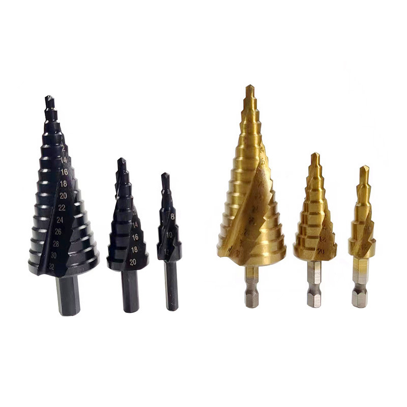 跨境打孔钻镀钛六角柄直槽阶梯钻三角柄螺旋槽大三件小三件布袋装