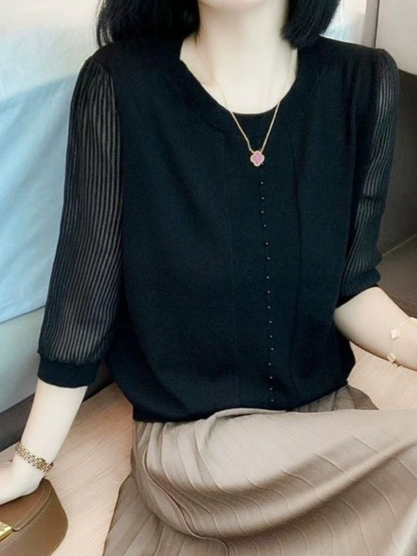 女性用ラウンドネック七分袖ビーズセーター、夏の新しいハイエンドスタイルのTシャツ、ゆったりとした肉感のある薄手のトップス|undefined