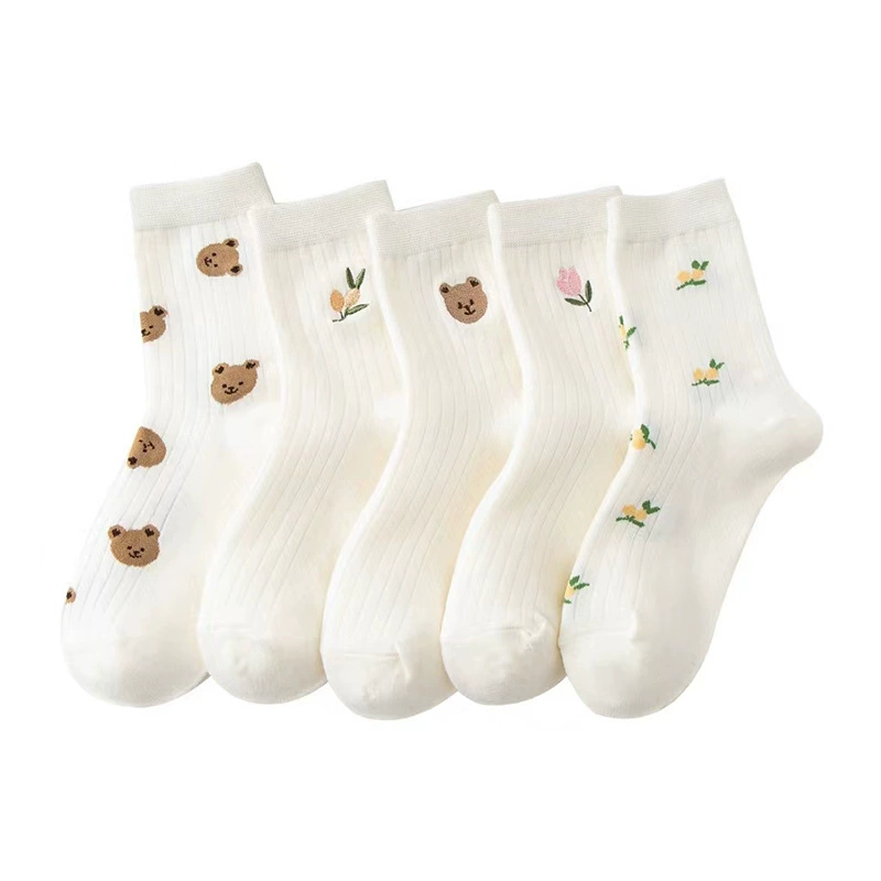 Гольфы (knee socks) в японском стиле, белые, с вышивкой медвежат, демисезонный универсальный размер