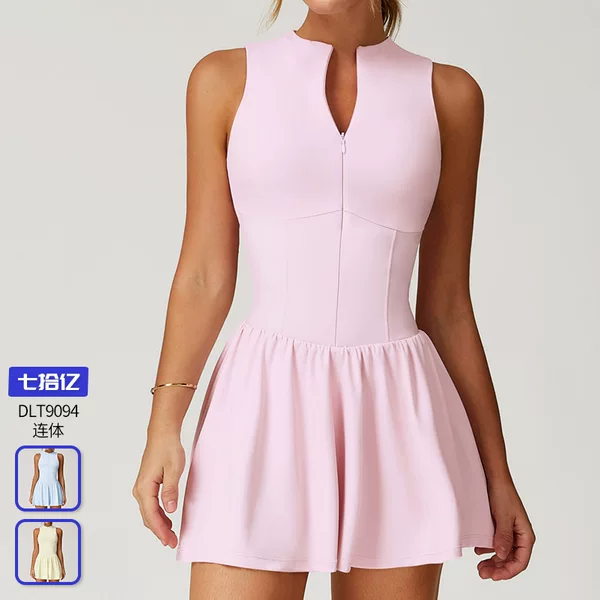 Cross-Border Cloud-Like Fake Two-Piece Stand-Up Collar Dress Outdoor Running Anti-Exposure Bottoming A-Line Skirt Tennis Skirt 9094
