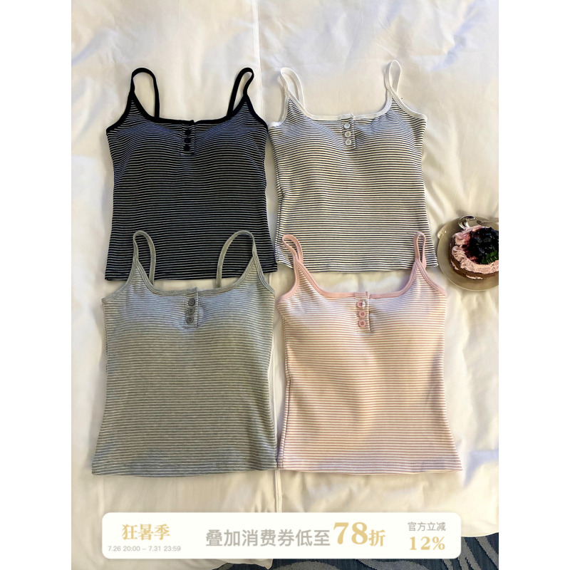 Retro striped button camisole for women, slim fit with chest pads, can be worn as an outer layer, camisole base top for women Retro striped button camisole for women, slim fit with chest pads, can be worn as an outer layer, camisole base top for women
