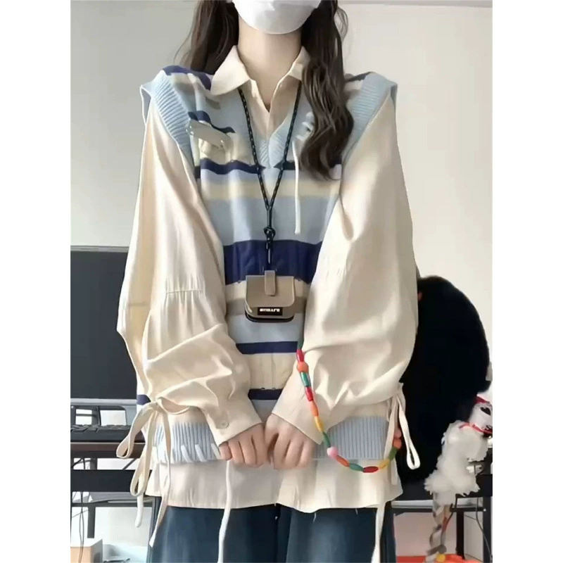 Комплект из двух предметов в консервативном стиле, цветной полосатый трикотажный жилет на шнурке, трикотаж для студенток + абрикосовая рубашка