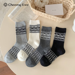 CHEEMY FREE秋冬新款费尔岛双针双路中筒女袜潮流时尚设计款女袜