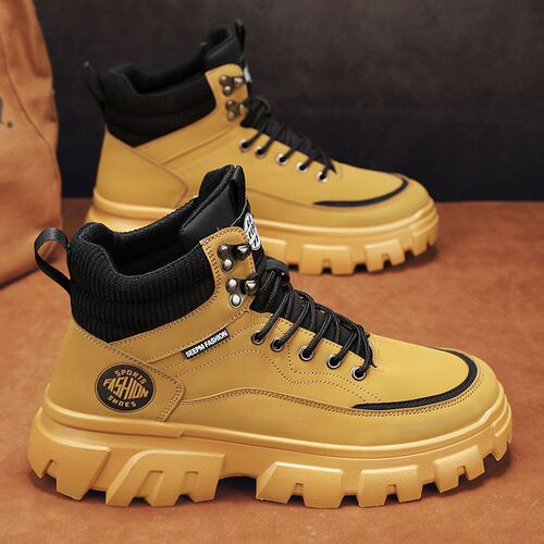 High-top men's winter leather waterproof thick-soled indoor height-increasing British-style large yellow Martin boots for men, hiking short boots