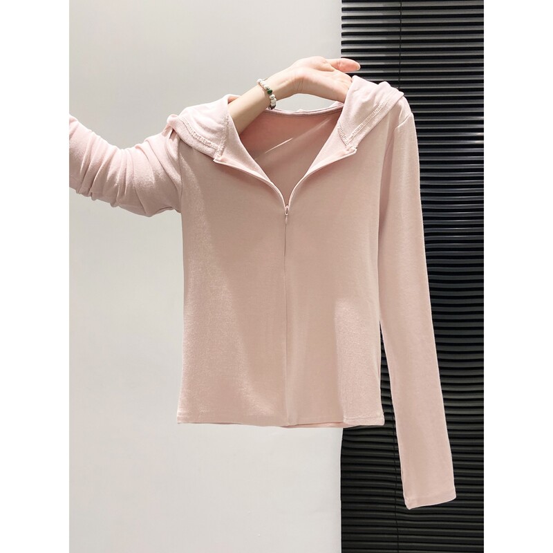Hooded Half-Zip Slim-Fit Long-Sleeved T-Shirt for Women in Spring, Autumn and Winter, Sports Casual Style Pure Color Bottoming Shirt Top Hooded Half-Zip Slim-Fit Long-Sleeved T-Shirt for Women in Spring, Autumn and Winter, Sports Casual Style Pure Color Bottoming Shirt Top