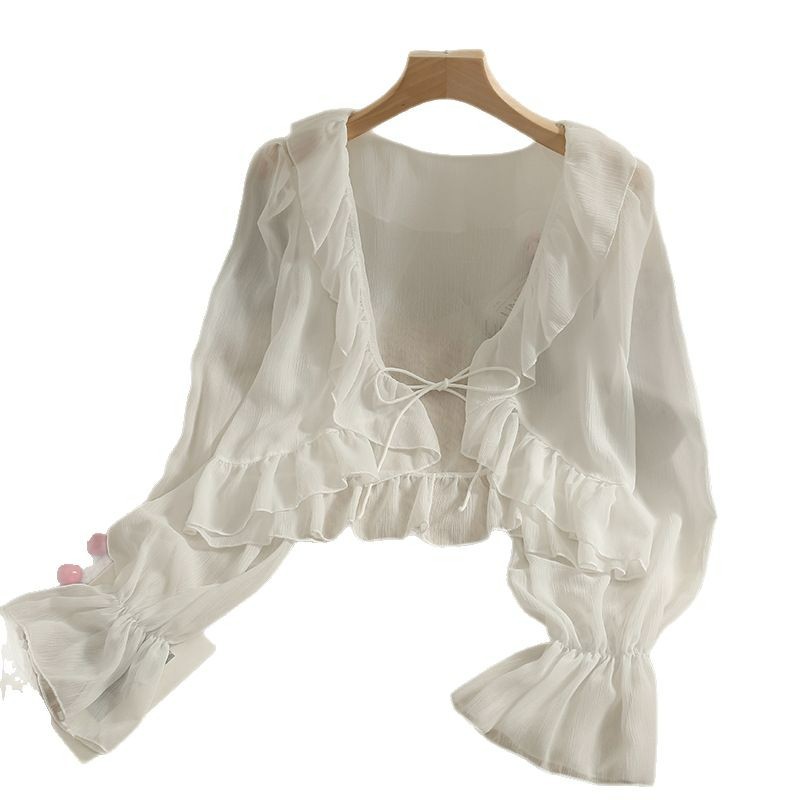 Ruffled Chiffon Sunscreen Coat Shawl Women's Spring and Summer Sling Skirt Outer Blouse Horn Sleeve Cardigan Short Coat