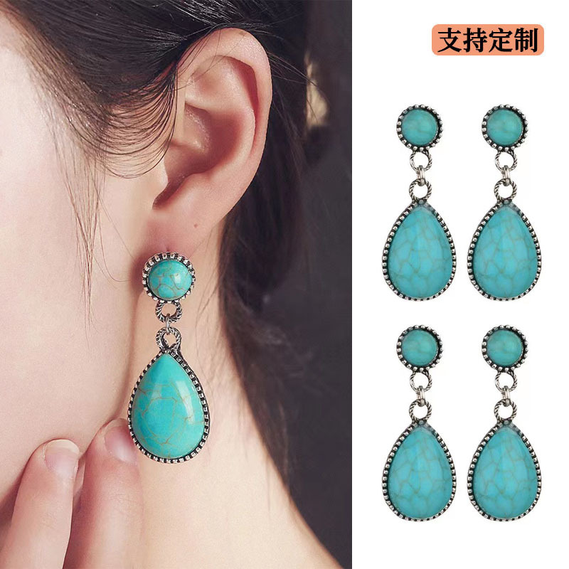Turquoise creative retro ethnic earrings drop-shaped